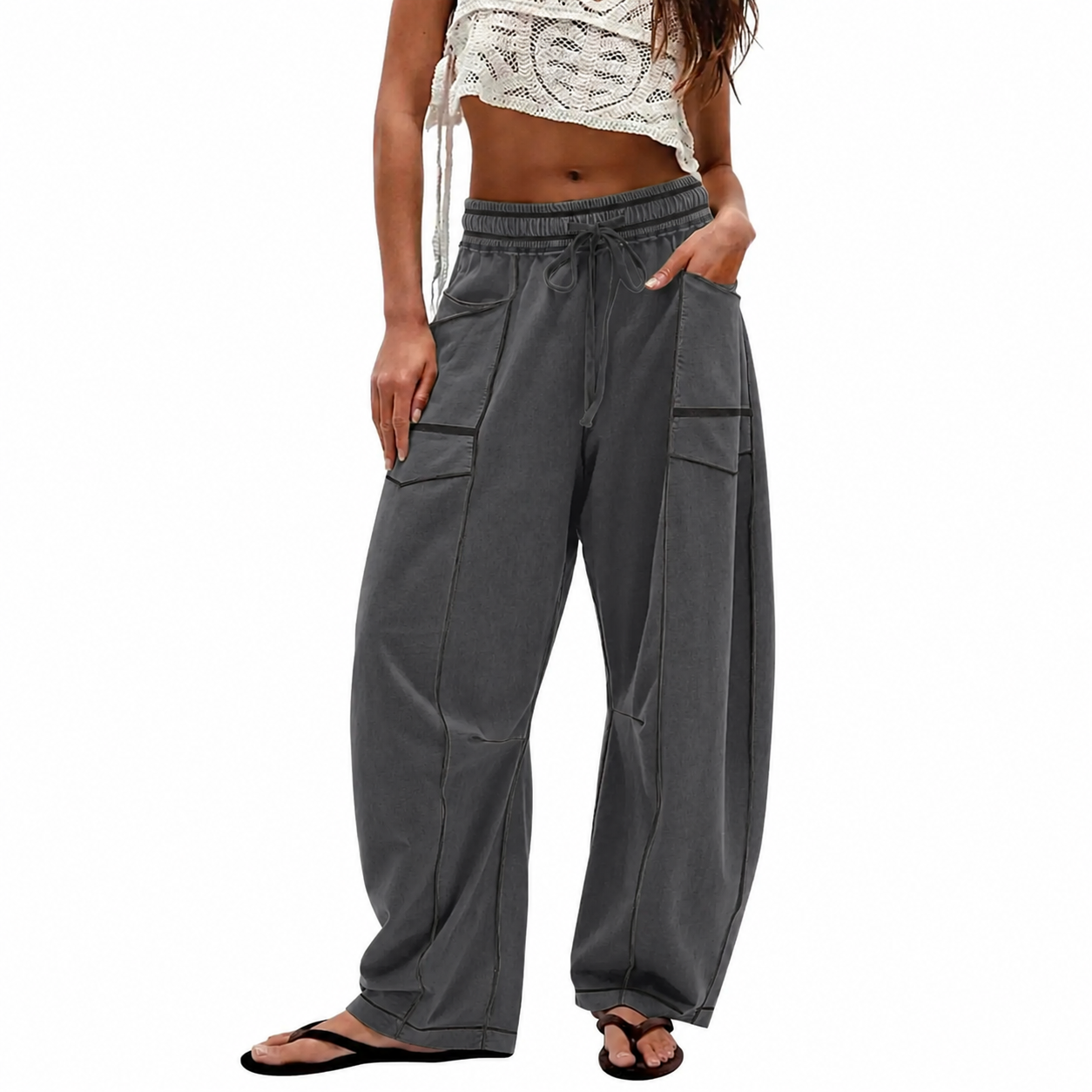 Women’s Baggy Barrel-Leg Lounge Pants – Wide Leg, Drawstring Waist & Pockets