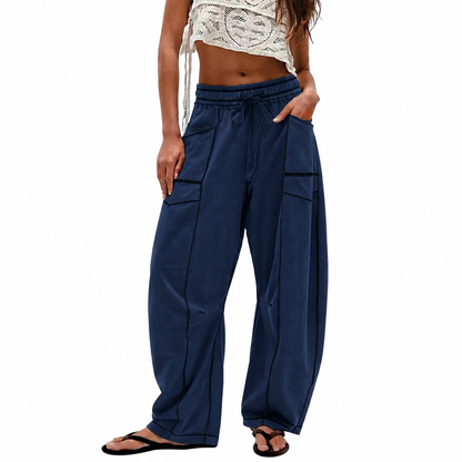 Women’s Baggy Barrel-Leg Lounge Pants – Wide Leg, Drawstring Waist & Pockets