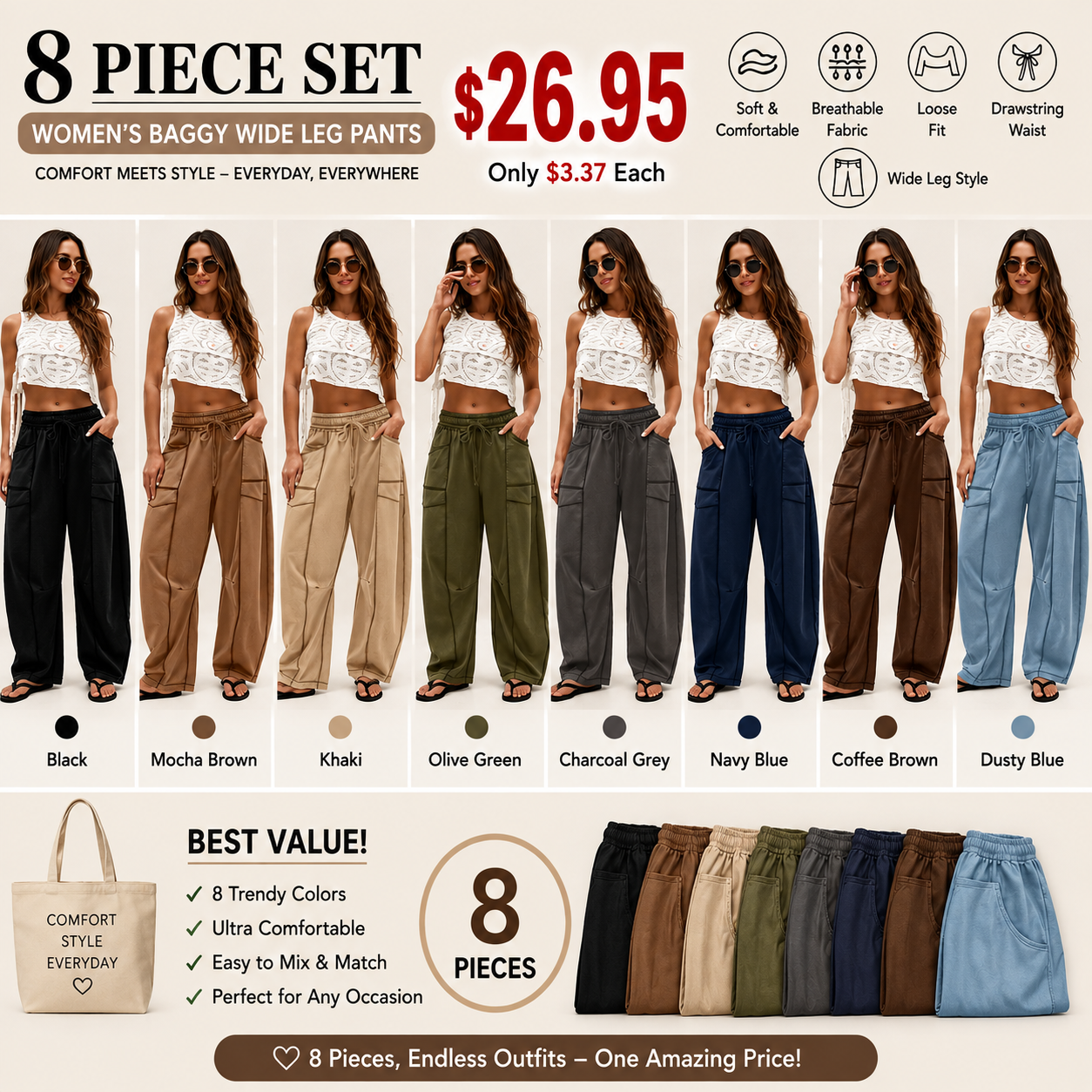 Women’s Baggy Barrel-Leg Lounge Pants – Wide Leg, Drawstring Waist & Pockets