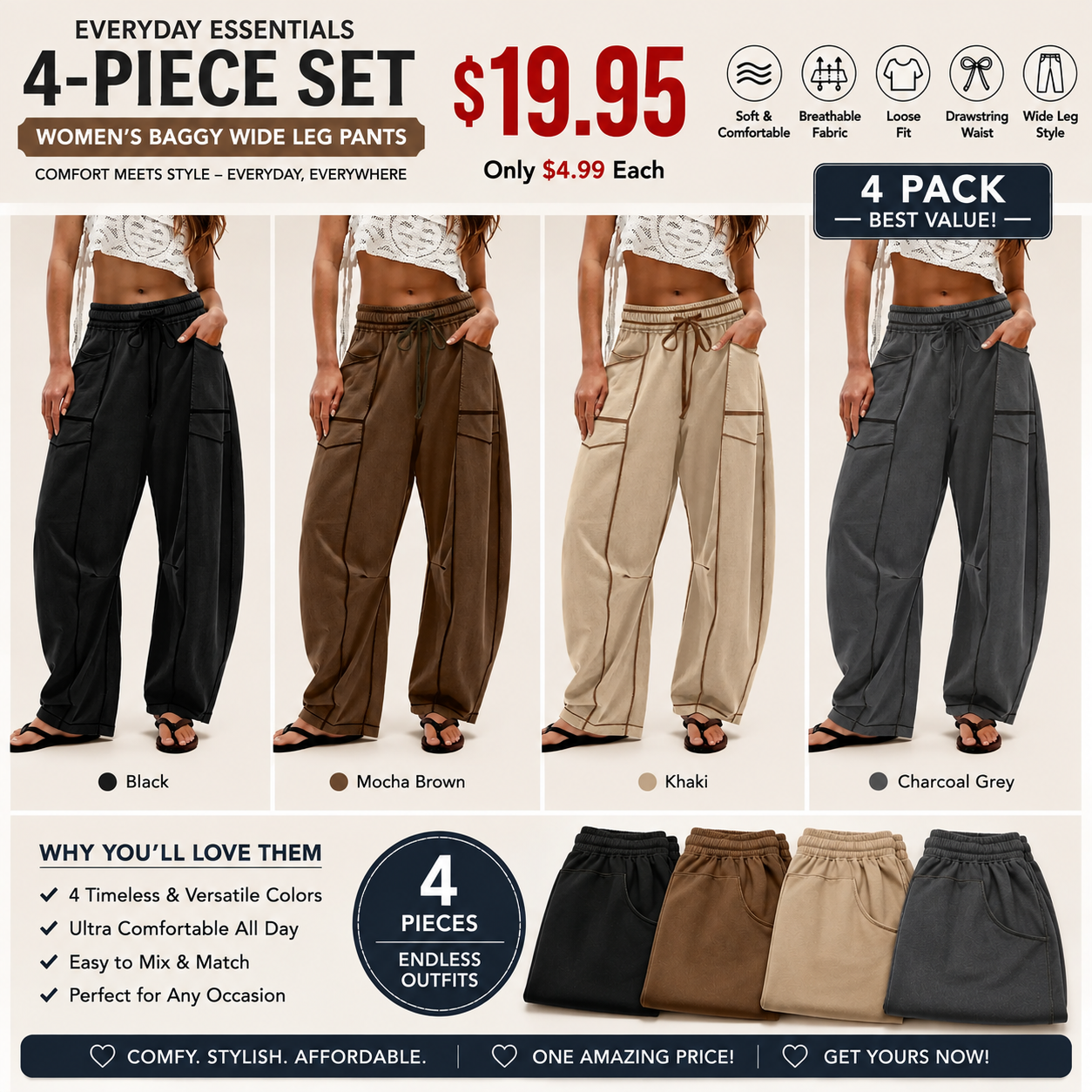 Women’s Baggy Barrel-Leg Lounge Pants – Wide Leg, Drawstring Waist & Pockets