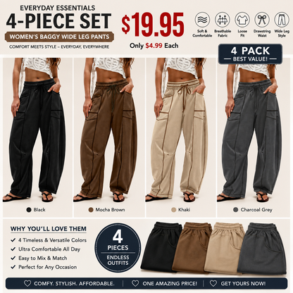 Women’s Baggy Barrel-Leg Lounge Pants – Wide Leg, Drawstring Waist & Pockets