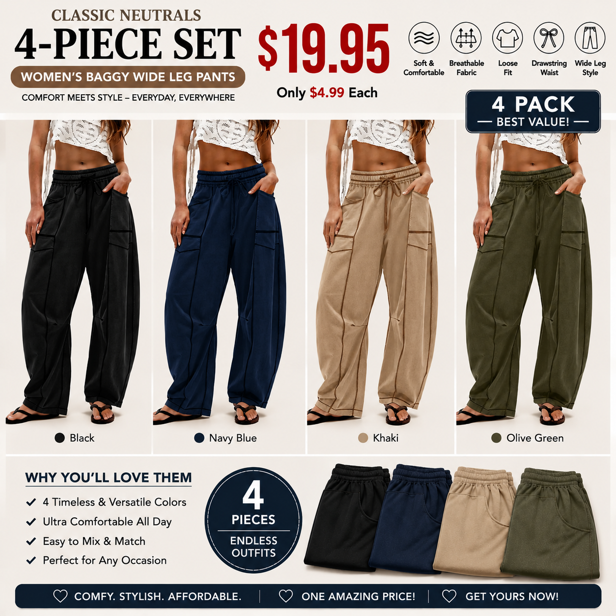 Women’s Baggy Barrel-Leg Lounge Pants – Wide Leg, Drawstring Waist & Pockets