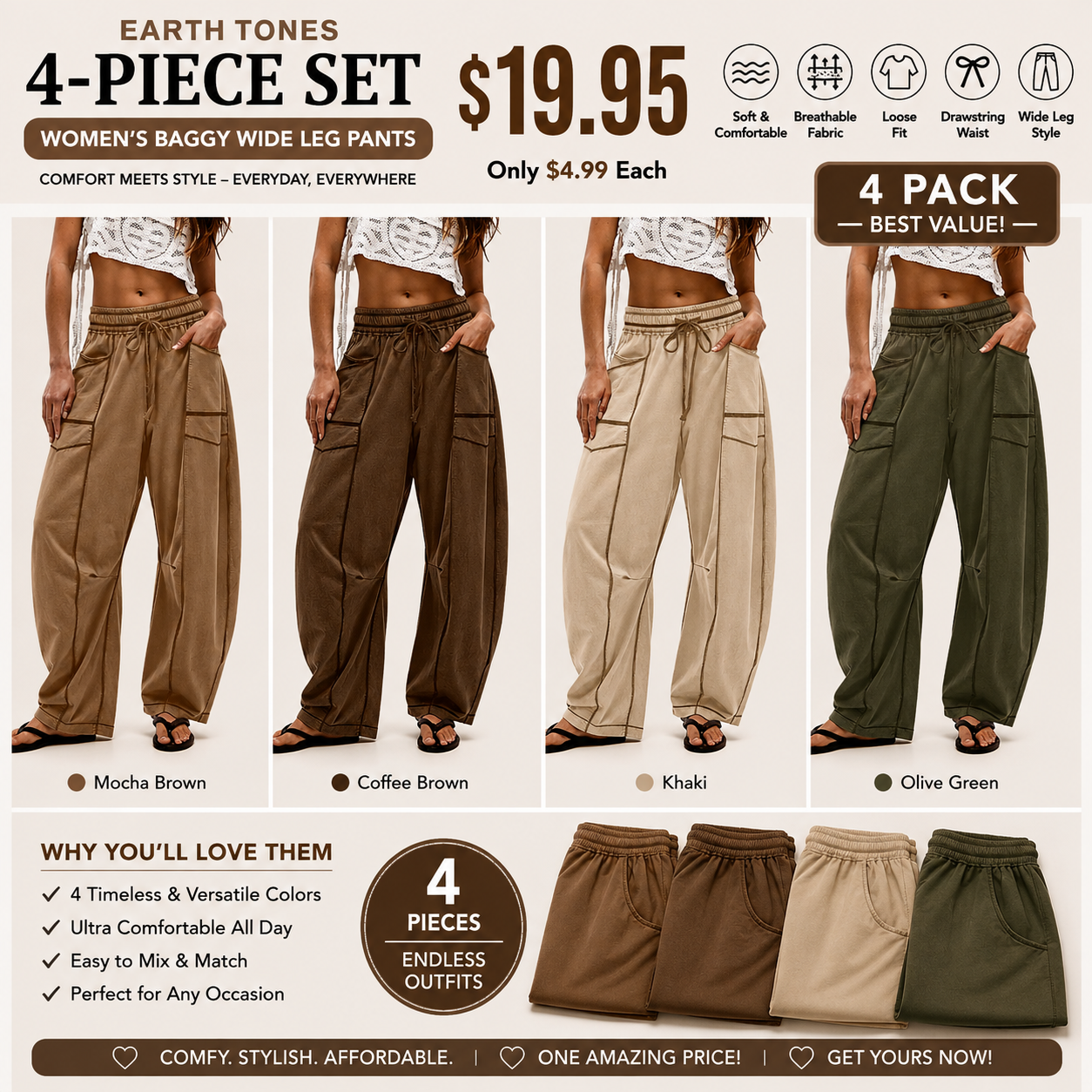 Women’s Baggy Barrel-Leg Lounge Pants – Wide Leg, Drawstring Waist & Pockets