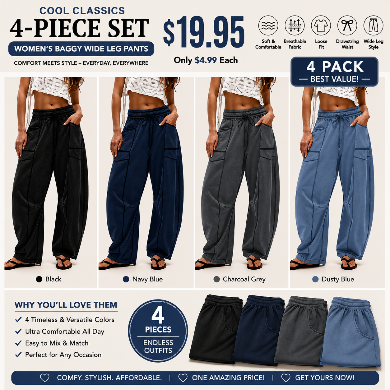 Women’s Baggy Barrel-Leg Lounge Pants – Wide Leg, Drawstring Waist & Pockets