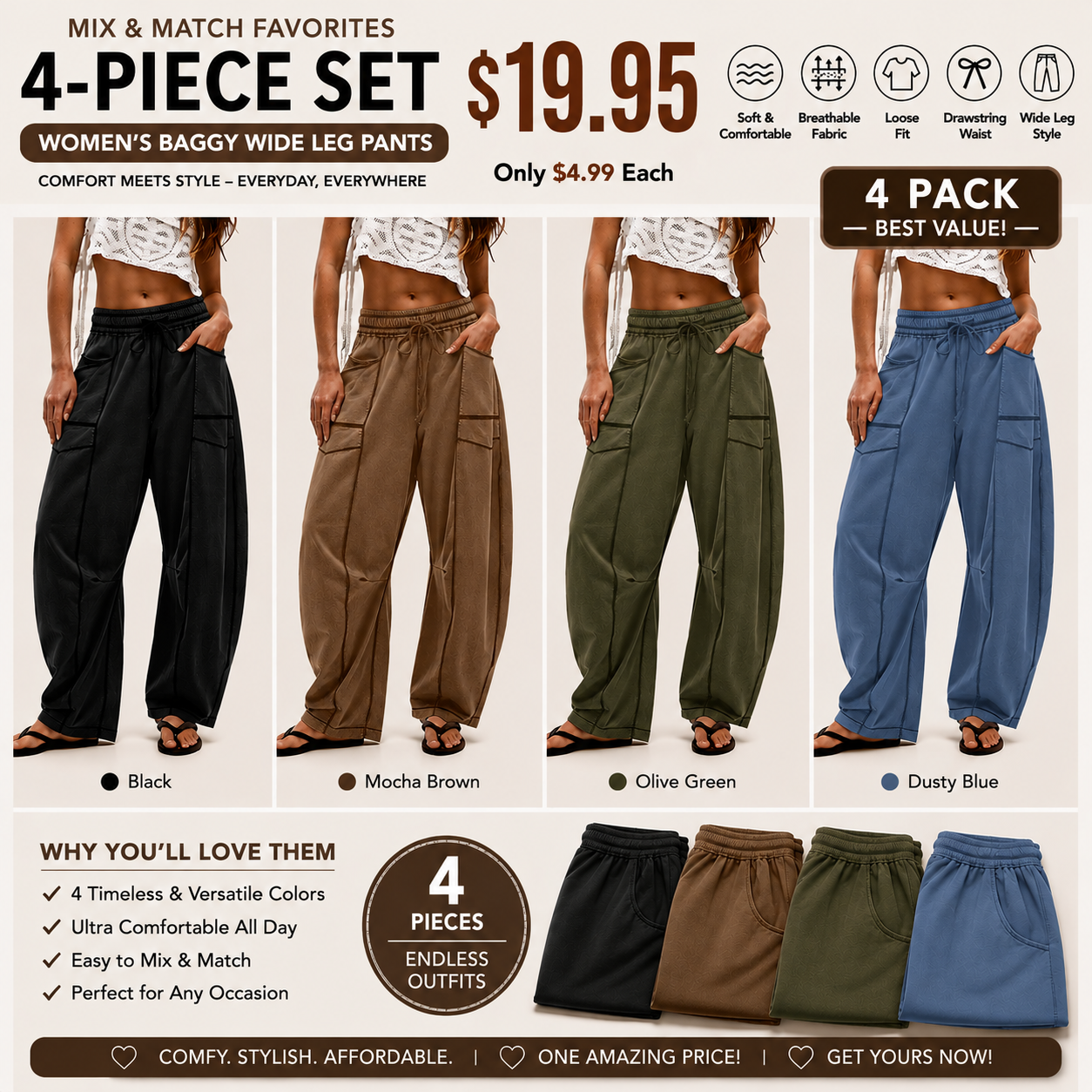 Women’s Baggy Barrel-Leg Lounge Pants – Wide Leg, Drawstring Waist & Pockets