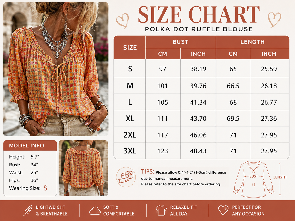 Women’s 3/4 Sleeve V-Neck Polka Dot Lace-Up Blouse – Lightweight Casual Ruffle Top