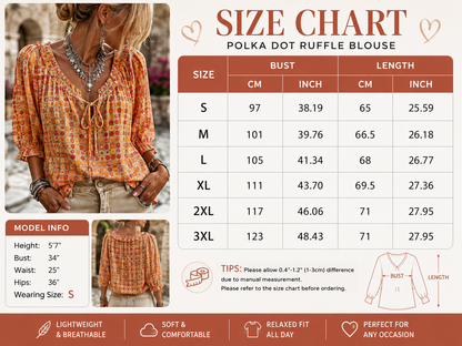 Women’s 3/4 Sleeve V-Neck Polka Dot Lace-Up Blouse – Lightweight Casual Ruffle Top