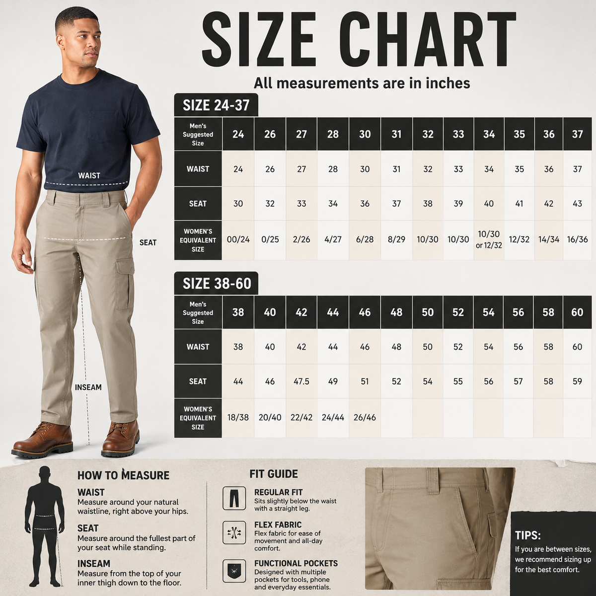 Men’s FLEX Regular Fit Cargo Work Pants – Stretch Comfort, Straight Leg & Expandable Pockets