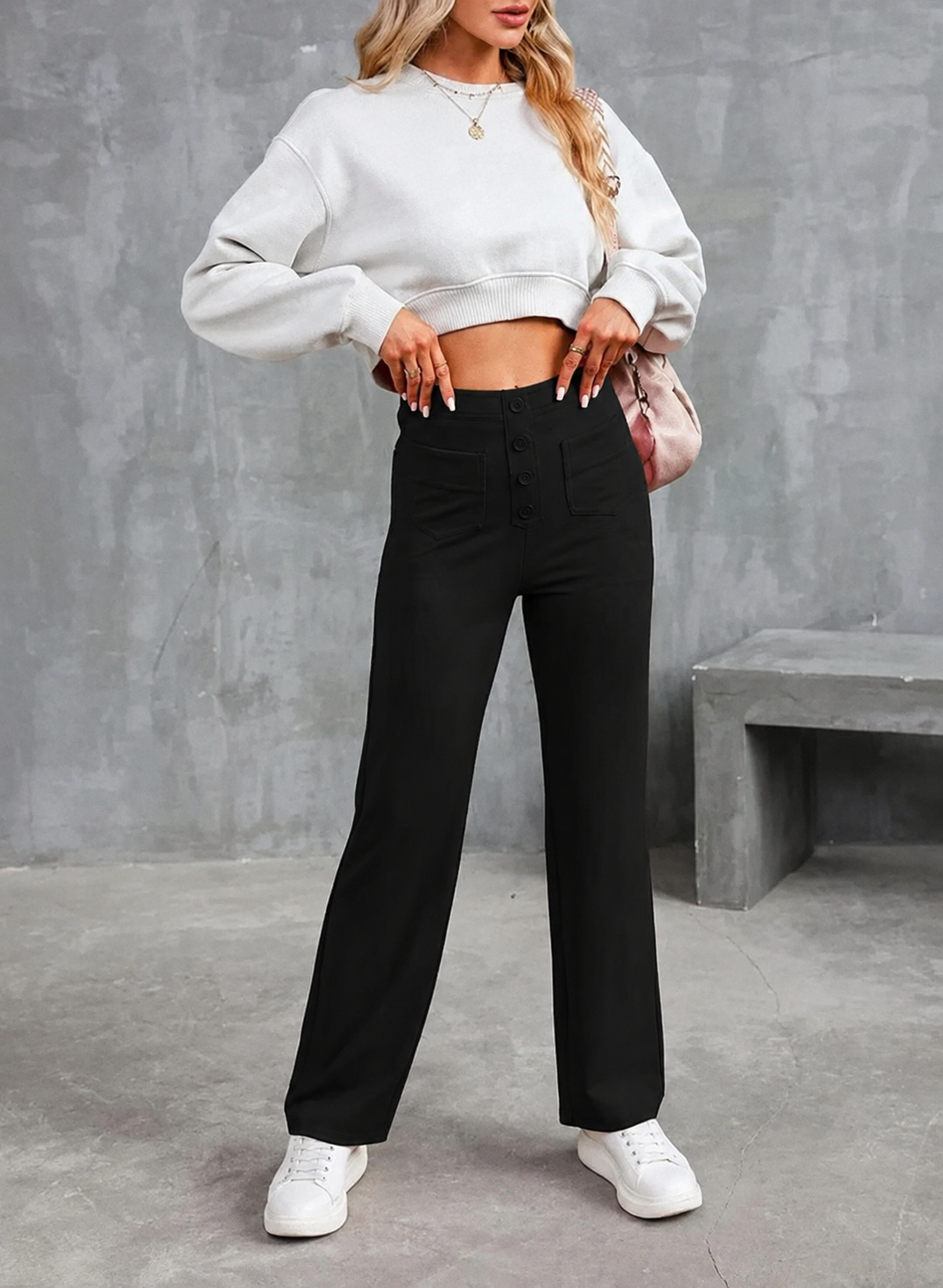 Women’s High-Waisted Stretch Pants – Comfortable Straight-Leg Pants with Pockets