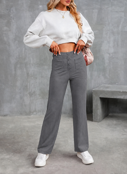 Women’s High-Waisted Stretch Pants – Comfortable Straight-Leg Pants with Pockets