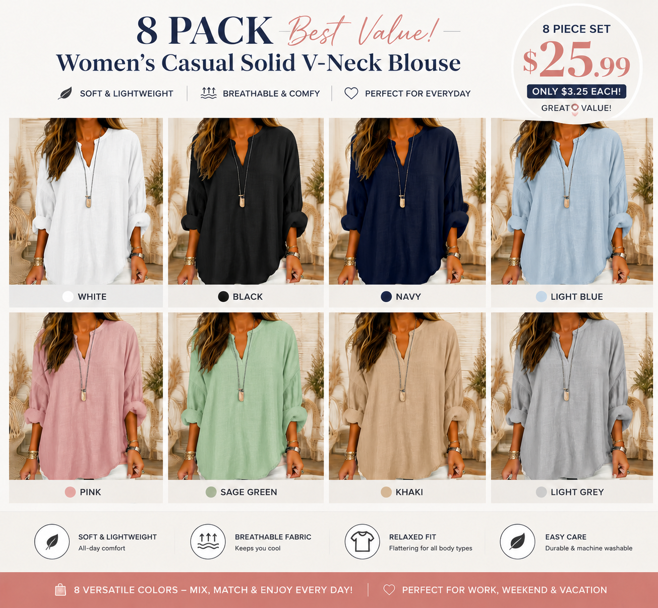 Women’s Casual Solid V-Neck Blouse