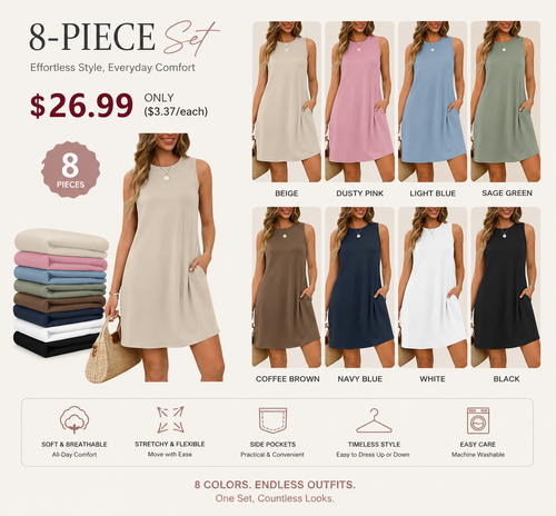 Women's Casual Crew Neck Sleeveless Tank Dress with Pockets, Soft Stretch Summer A-Line Sundress for Beach, Vacation & Daily Wear