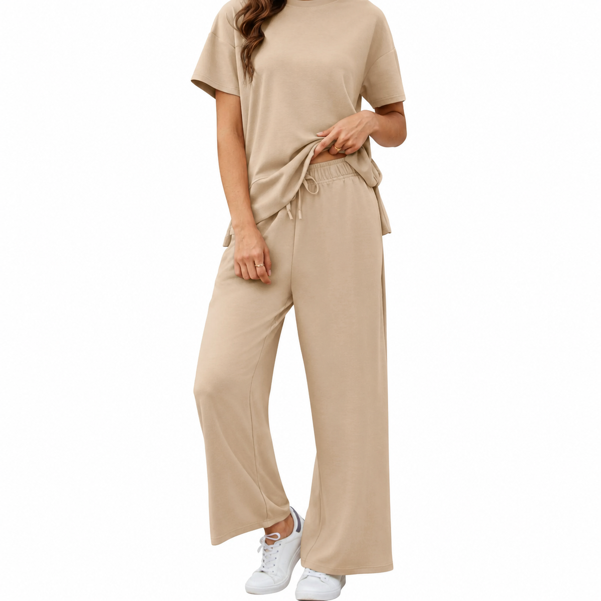 Women's 2 Piece Lounge Set – Short Sleeve Top & Wide Leg Pants Casual Matching Outfit