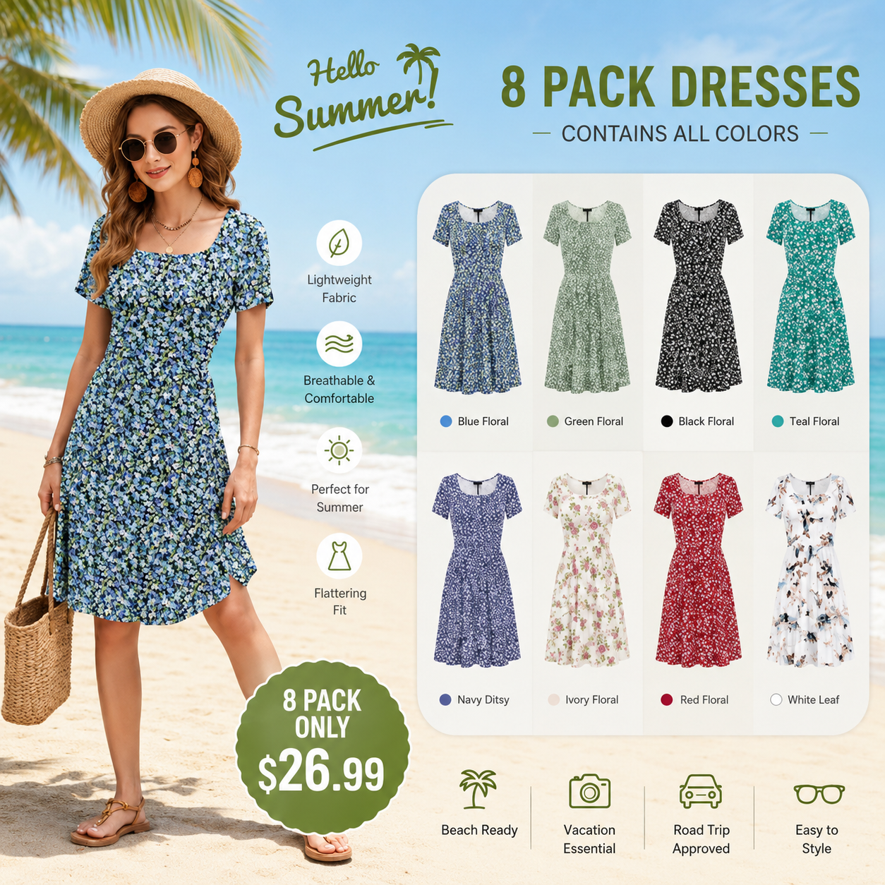 Women Square Neck Ditsy Floral Dress, Ruffle Empire Waist A-Line Sundress With Pockets