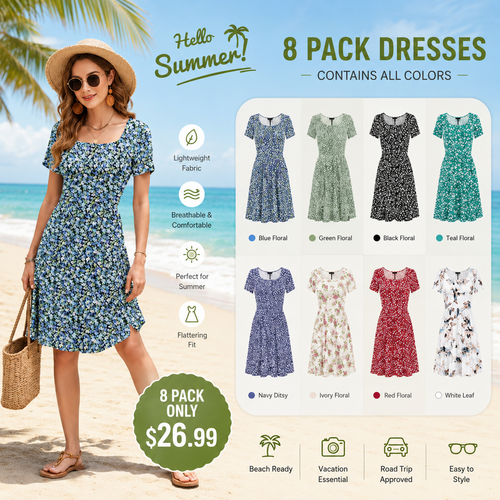 Women Square Neck Ditsy Floral Dress, Ruffle Empire Waist A-Line Sundress With Pockets