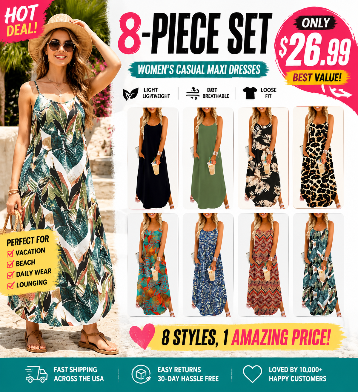 Women’s Casual Maxi Dress – Spaghetti Strap Summer Sundress for Vacation & Beach Days