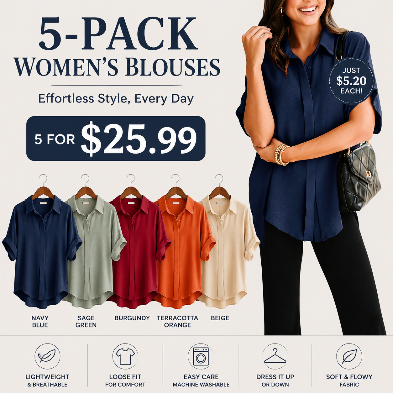 Women's Loose Fit Button Down Blouse – Elegant Short Sleeve Summer Top for Everyday Wear
