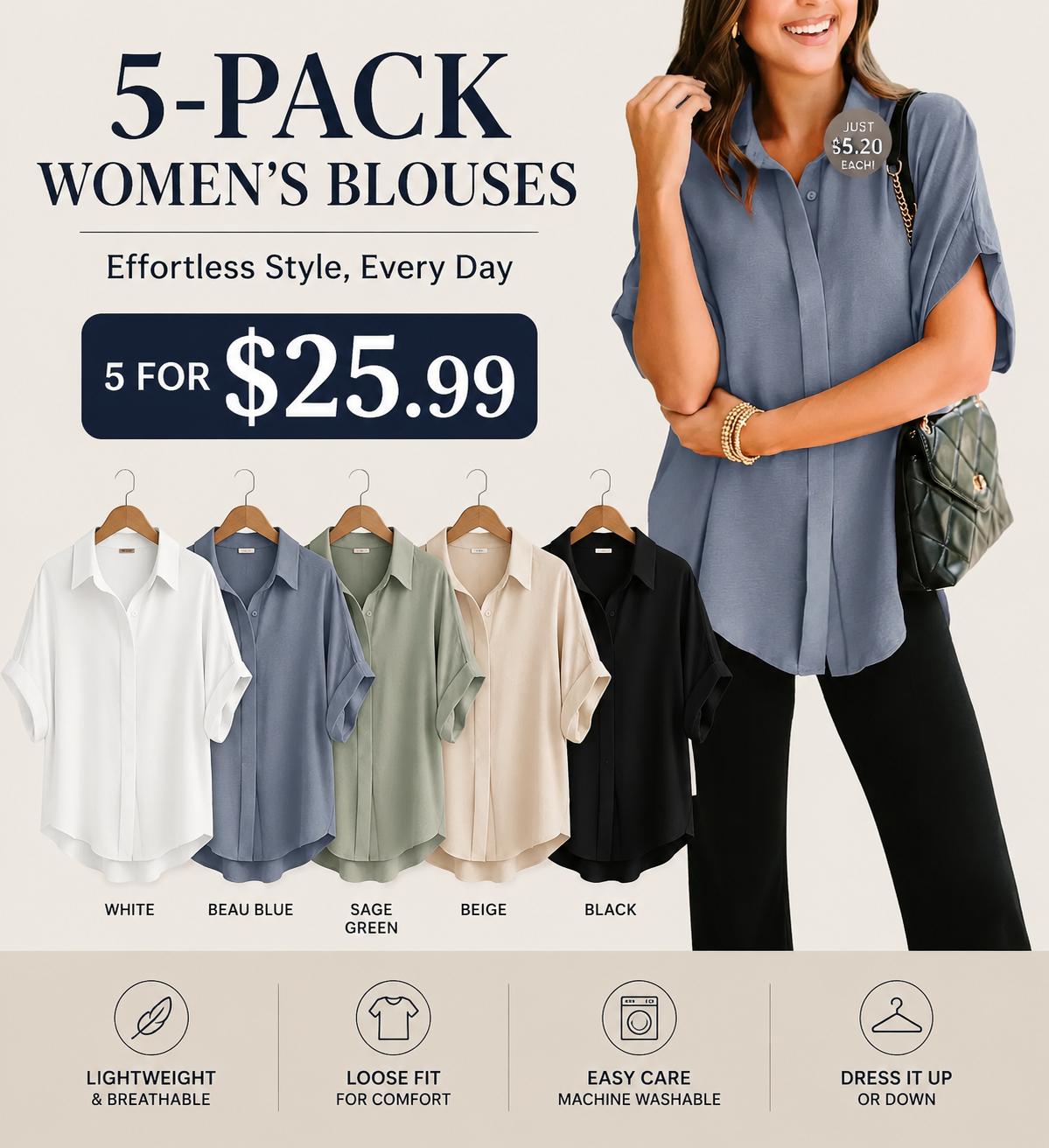 Women's Loose Fit Button Down Blouse – Elegant Short Sleeve Summer Top for Everyday Wear
