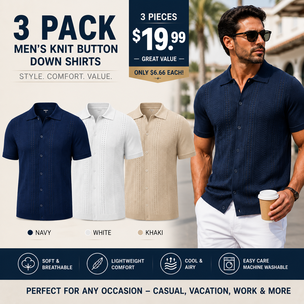 ⭐ Men's Premium Knit Button Down Shirt – Lightweight Short Sleeve Summer Casual Shirt for Beach & Vacation