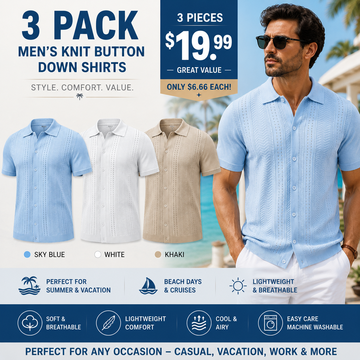 ⭐ Men's Premium Knit Button Down Shirt – Lightweight Short Sleeve Summer Casual Shirt for Beach & Vacation
