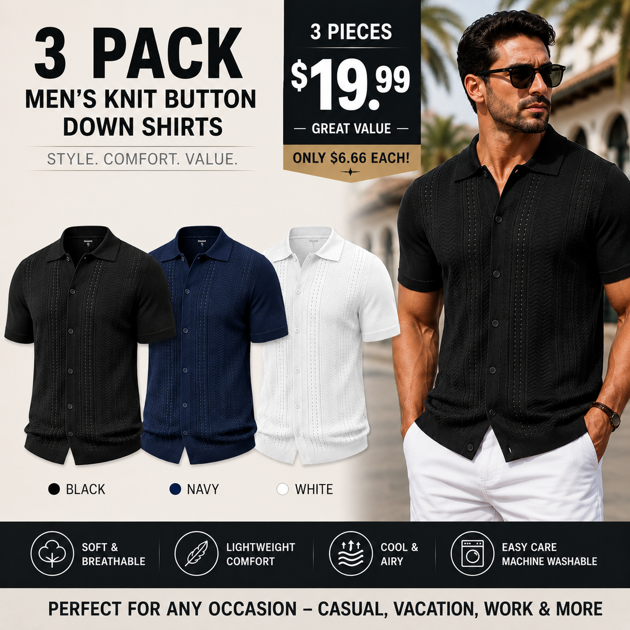 ⭐ Men's Premium Knit Button Down Shirt – Lightweight Short Sleeve Summer Casual Shirt for Beach & Vacation
