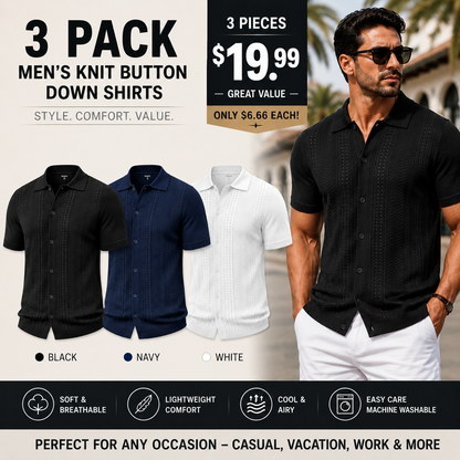 ⭐ Men's Premium Knit Button Down Shirt – Lightweight Short Sleeve Summer Casual Shirt for Beach & Vacation