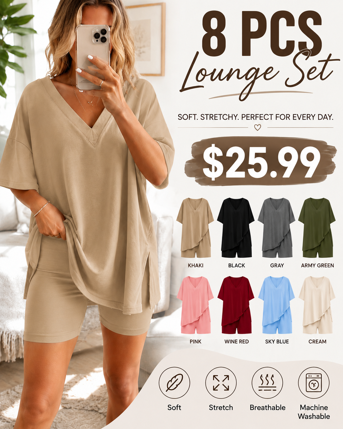 Women's Oversized V-Neck Lounge Set, Soft 2 Piece Pajama Set with Biker Shorts, Casual Summer Matching Outfit for Home & Travel