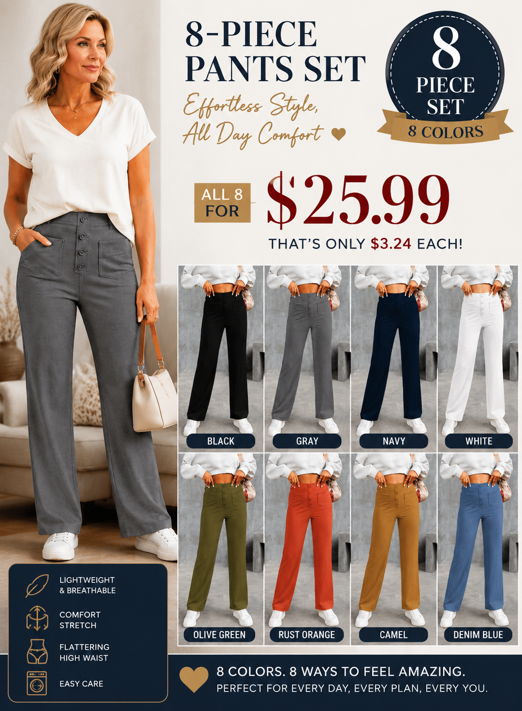 Women’s High-Waisted Stretch Pants – Comfortable Straight-Leg Pants with Pockets