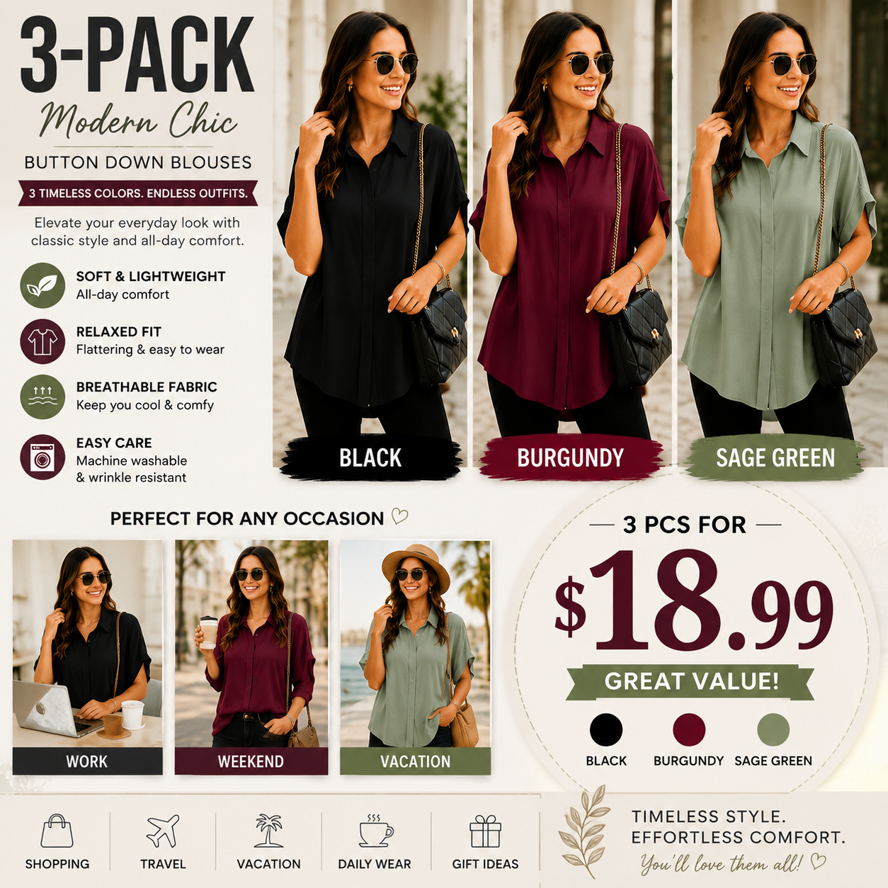 Women's Loose Fit Button Down Blouse – Elegant Short Sleeve Summer Top for Everyday Wear