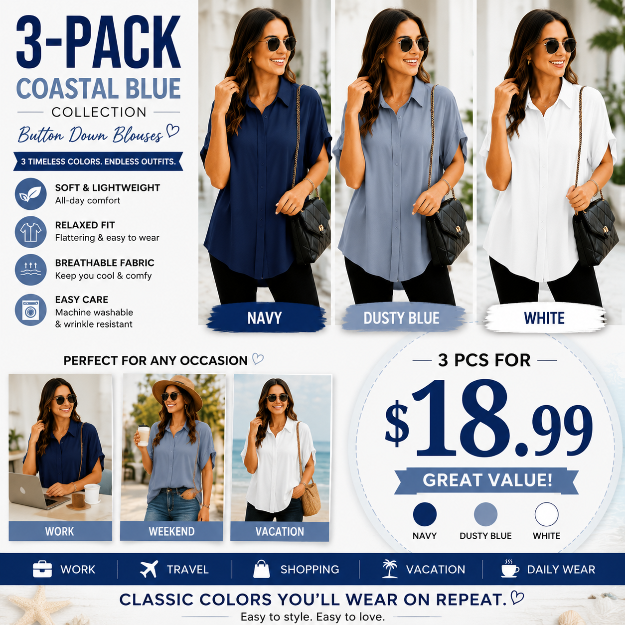 Women's Loose Fit Button Down Blouse – Elegant Short Sleeve Summer Top for Everyday Wear