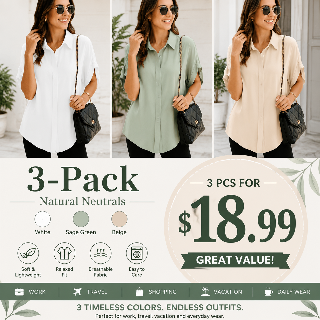 Women's Loose Fit Button Down Blouse – Elegant Short Sleeve Summer Top for Everyday Wear