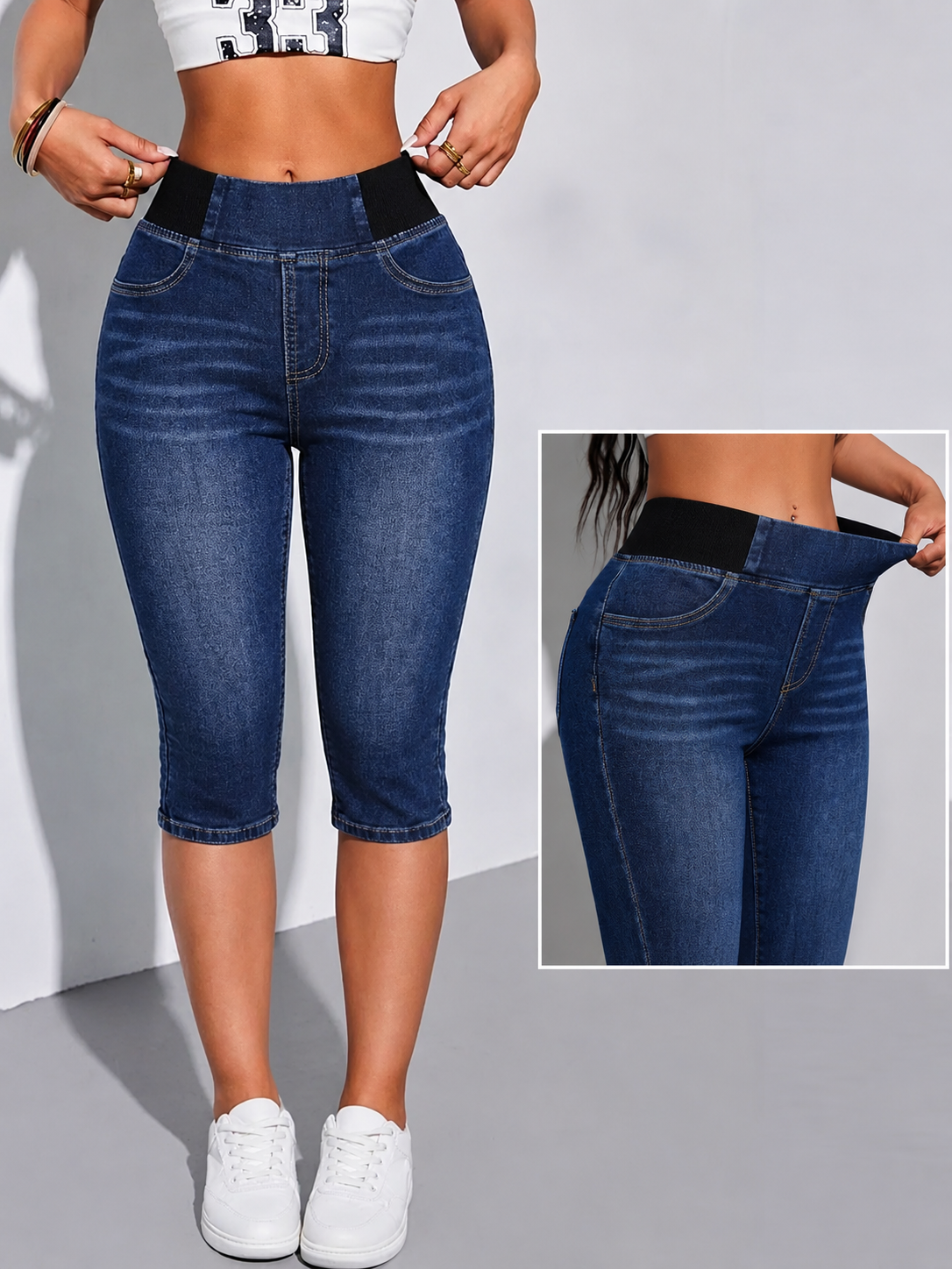 Women's High Waisted Stretch Capri Jeans – Pull-On Denim Capris with Wide Elastic Waistband, Slim Fit Cropped Jeggings