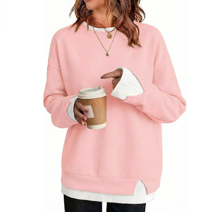 Women's Loose Fit Faux Two-Piece Crewneck Sweatshirt – Casual Layered Look Pullover