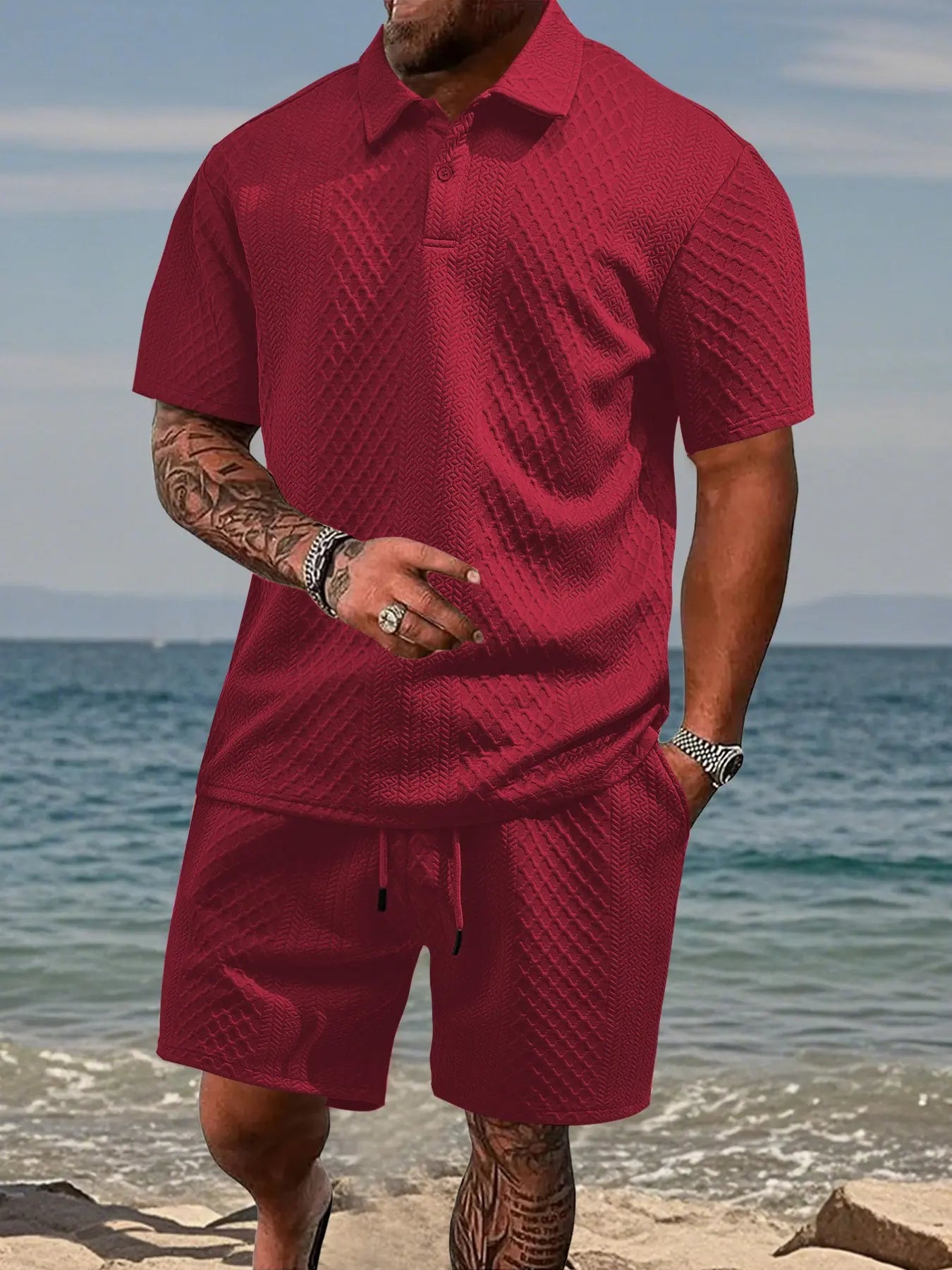 Men's Textured Polo Shirt & Drawstring Shorts Set – Breathable 2 Piece Summer Outfit for Casual, Vacation & Everyday Wear