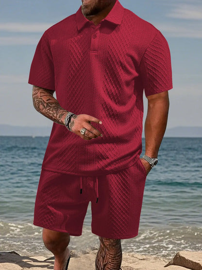 Men's Textured Polo Shirt & Drawstring Shorts Set – Breathable 2 Piece Summer Outfit for Casual, Vacation & Everyday Wear