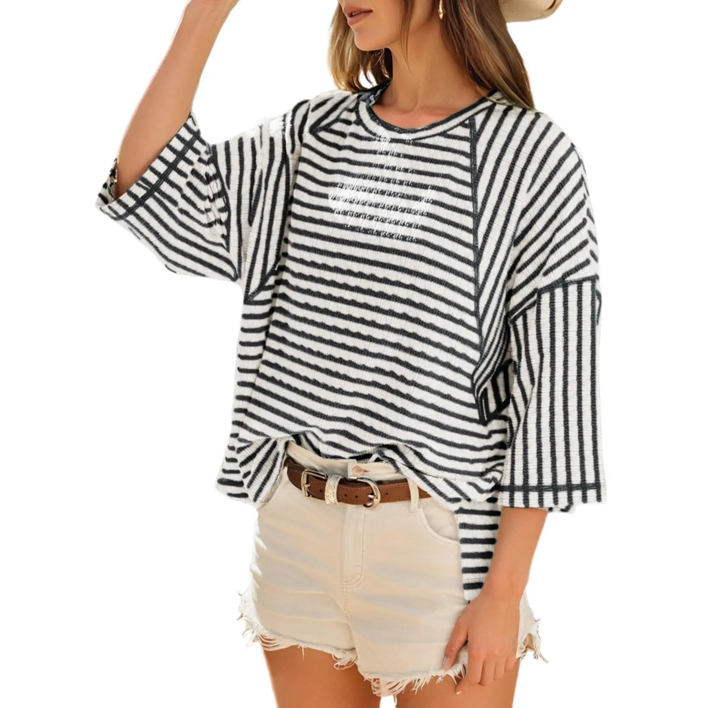 Women’s Oversized Striped Color Block Tee – Soft Summer Short Sleeve Casual Top