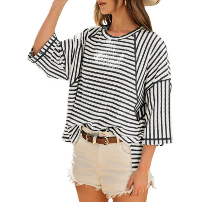 Women’s Oversized Striped Color Block Tee – Soft Summer Short Sleeve Casual Top