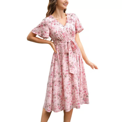 V-neck floral maxi dress with ruffle sleeves and belt