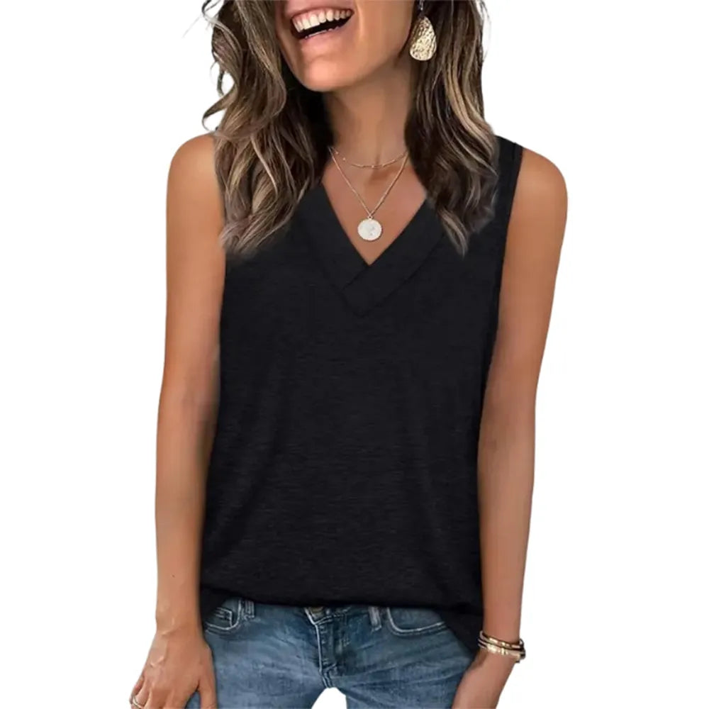 Women's Summer V-Neck Tank Top – Loose Fit, Sleeveless, Basic Tee