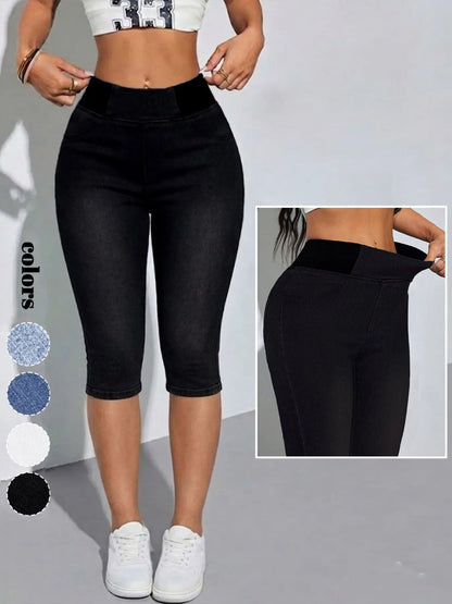 Women's High Waisted Stretch Capri Jeans – Pull-On Denim Capris with Wide Elastic Waistband, Slim Fit Cropped Jeggings