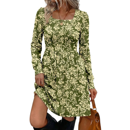Women's Boho Floral Mini Dress – Long Sleeve Square Neck Empire Waist Flowy Casual Dress