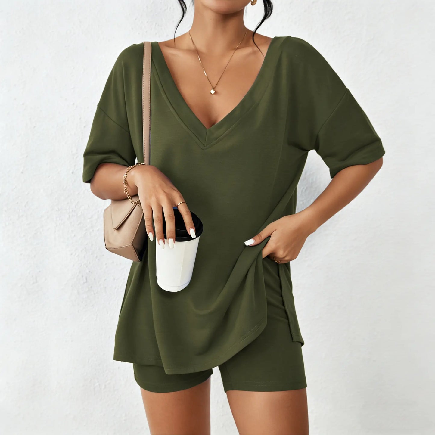 Women's Oversized V-Neck Lounge Set, Soft 2 Piece Pajama Set with Biker Shorts, Casual Summer Matching Outfit for Home & Travel