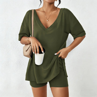 Women's Oversized V-Neck Lounge Set, Soft 2 Piece Pajama Set with Biker Shorts, Casual Summer Matching Outfit for Home & Travel