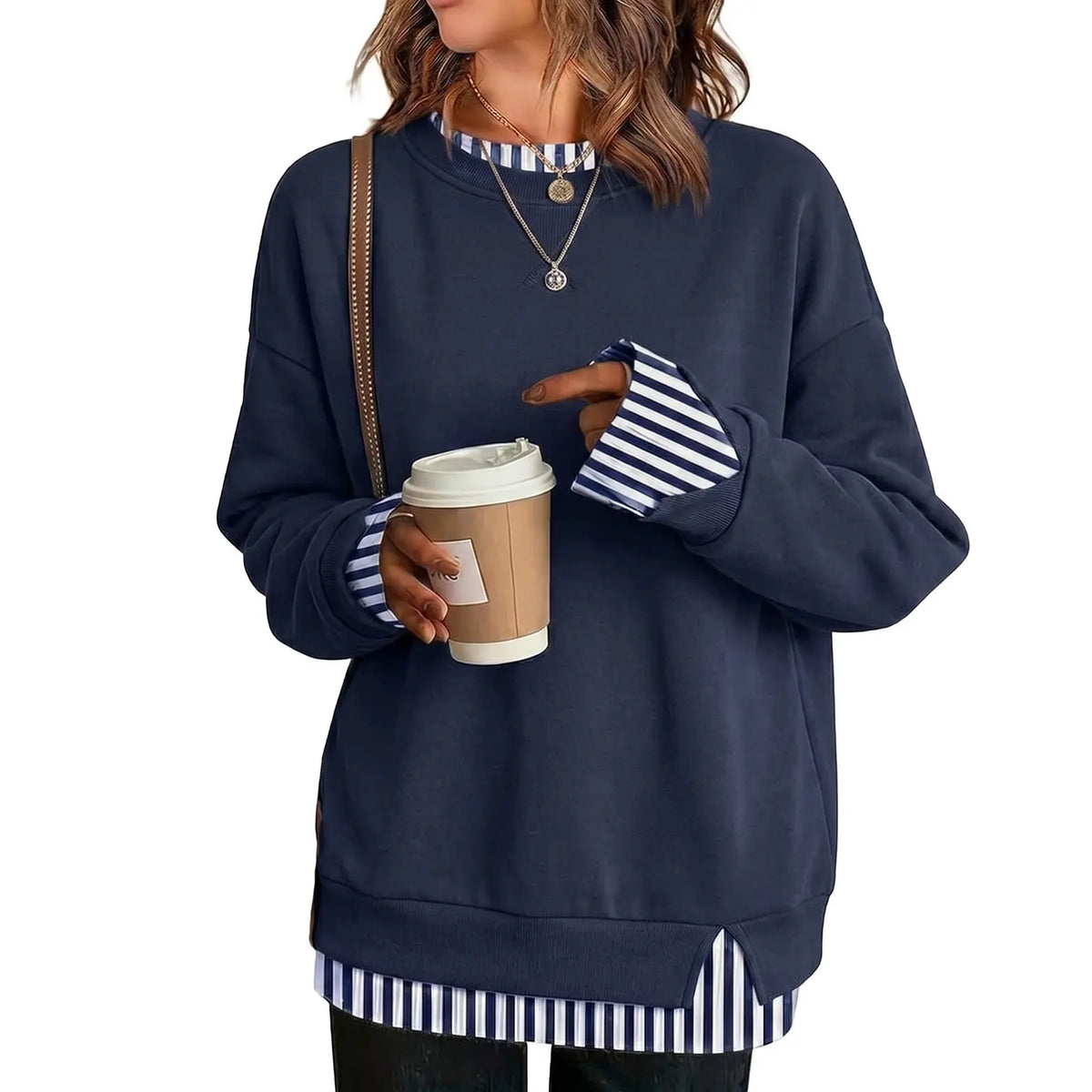 Women's Loose Fit Faux Two-Piece Crewneck Sweatshirt – Casual Layered Look Pullover
