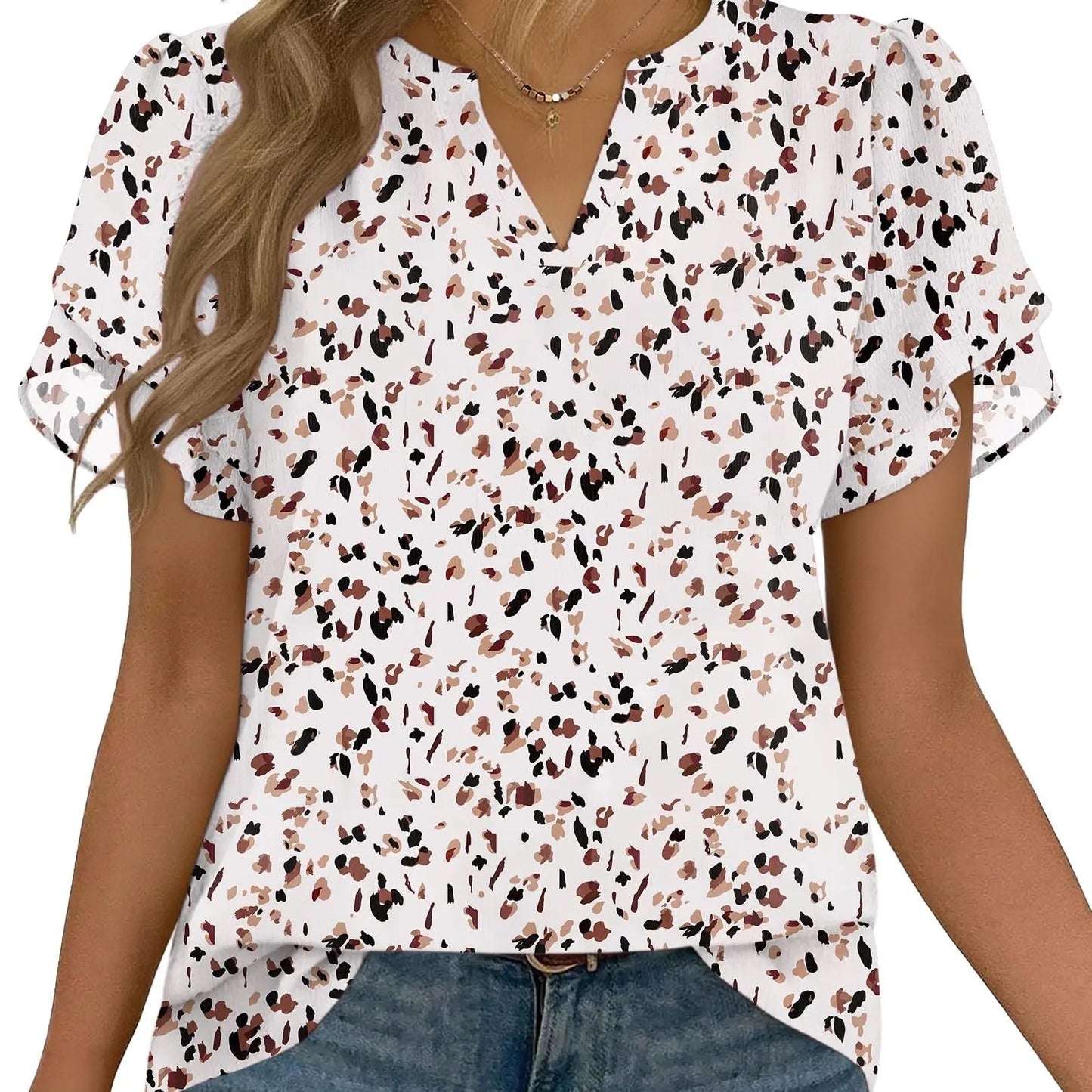 Women’s Floral Chiffon Blouse – Lightweight V-Neck Petal Sleeve Top for Work, Casual & Everyday Wear