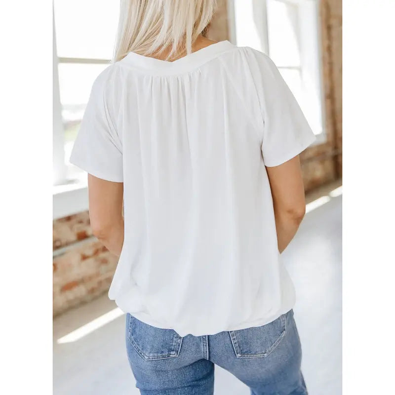 Women’s Casual V Neck Short Sleeve Top – Soft Loose Fit Pleated Summer Tee