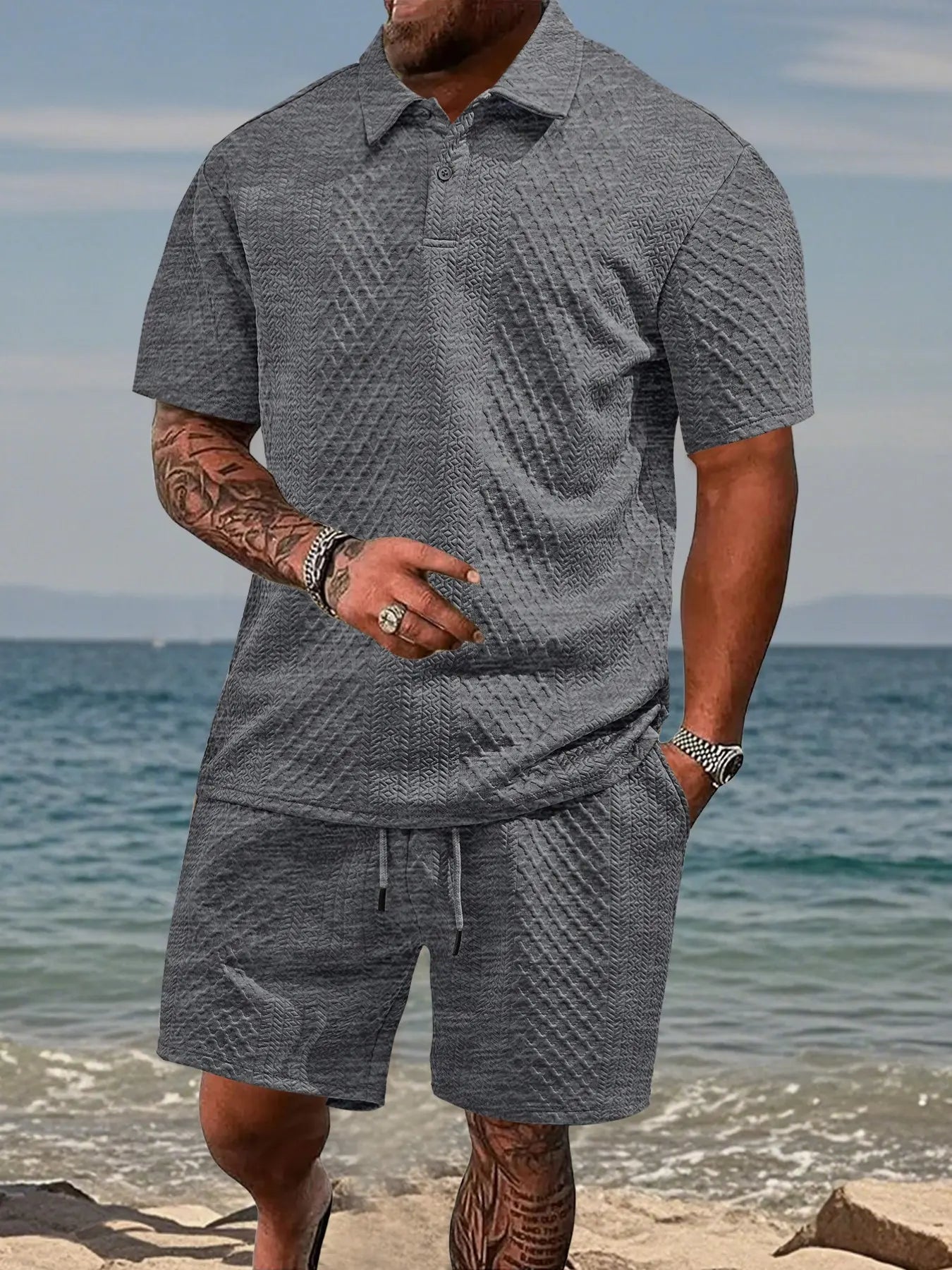Men's Textured Polo Shirt & Drawstring Shorts Set – Breathable 2 Piece Summer Outfit for Casual, Vacation & Everyday Wear
