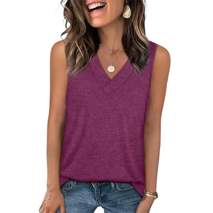 Women's Summer V-Neck Tank Top – Loose Fit, Sleeveless, Basic Tee