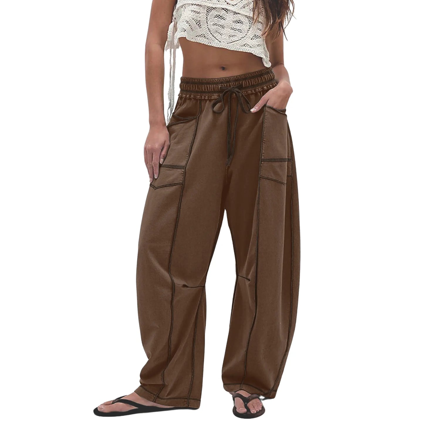 Women’s Baggy Barrel-Leg Lounge Pants – Wide Leg, Drawstring Waist & Pockets