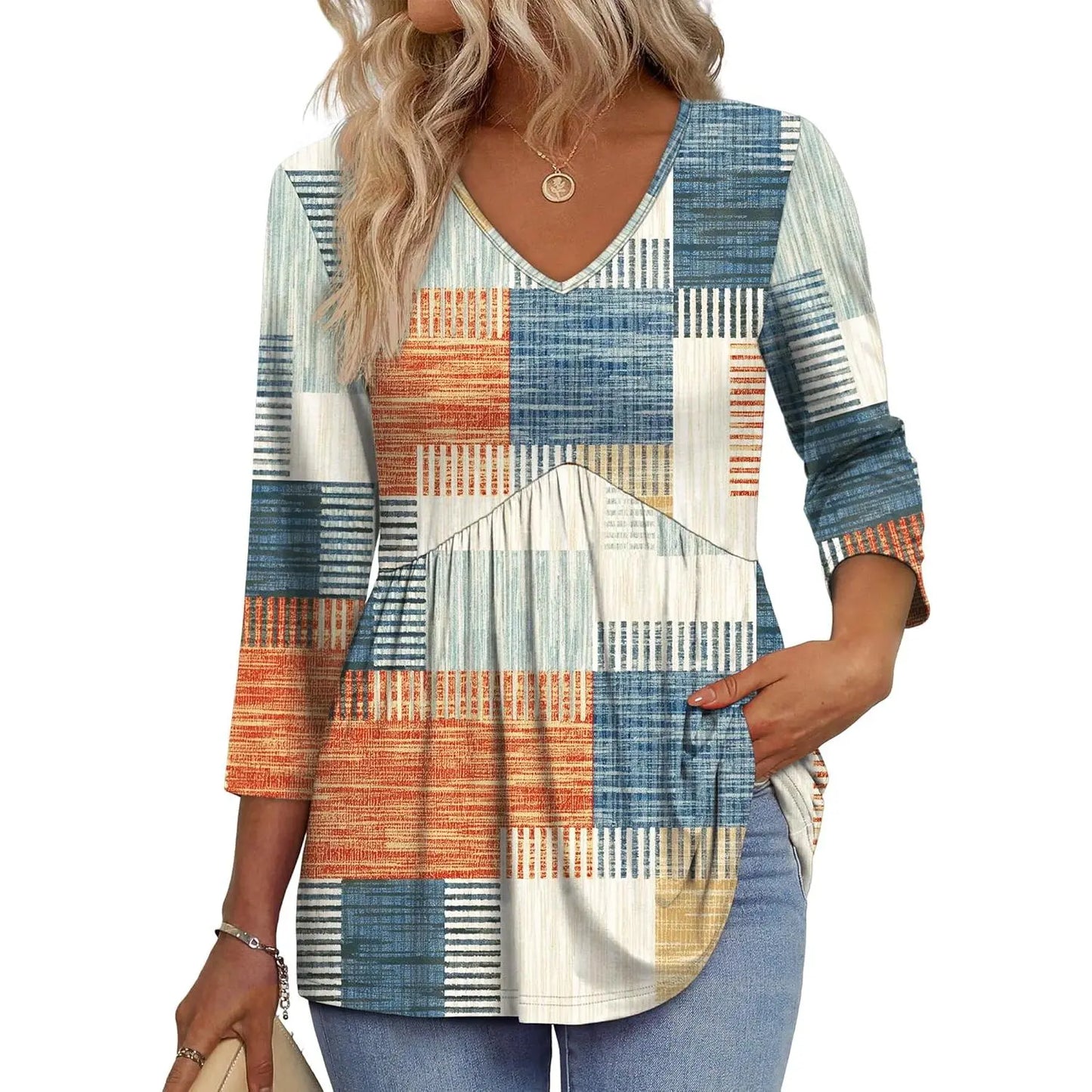 Women’s V-Neck 3/4 Sleeve Tunic Top – Flowy Dressy Casual Blouse